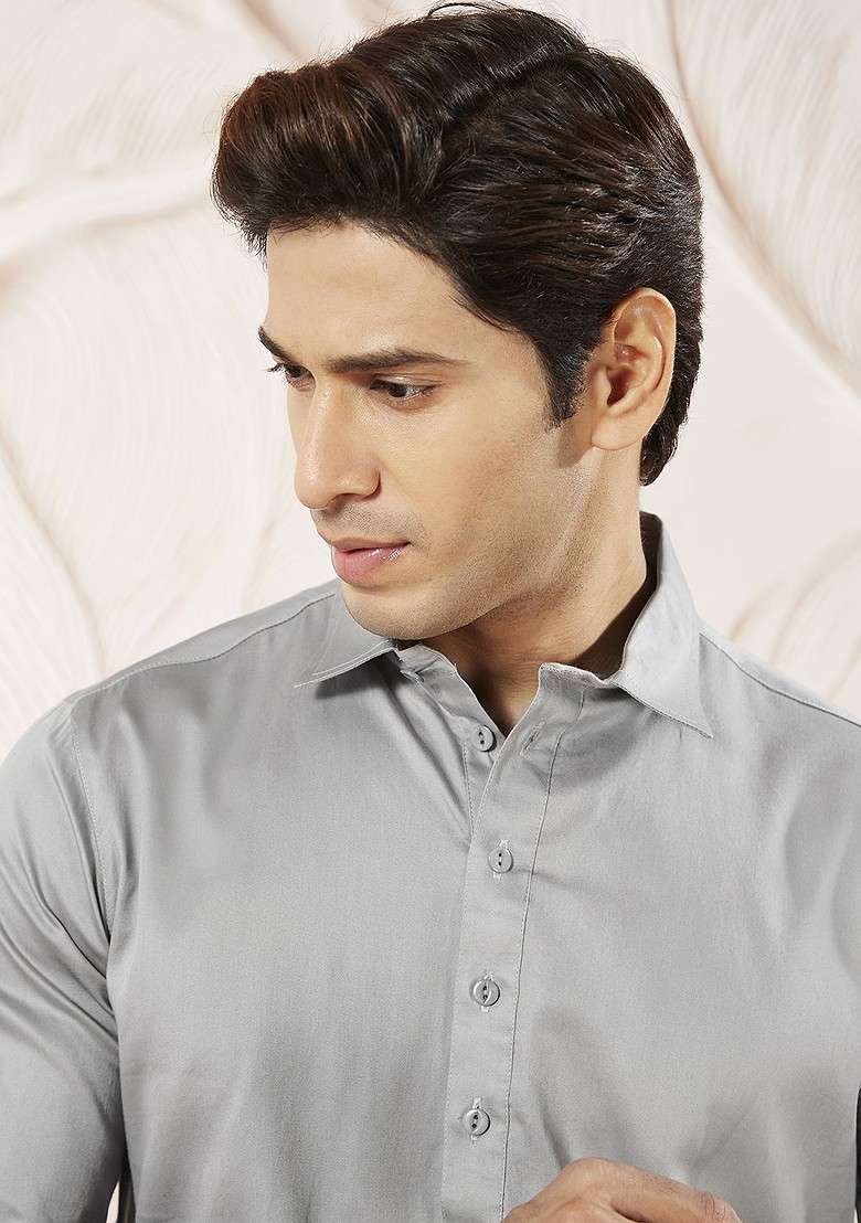 Grey Solid Pathani Kurta Set For Men - Indya
