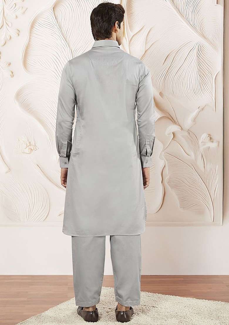 Grey Solid Pathani Kurta Set For Men - Indya