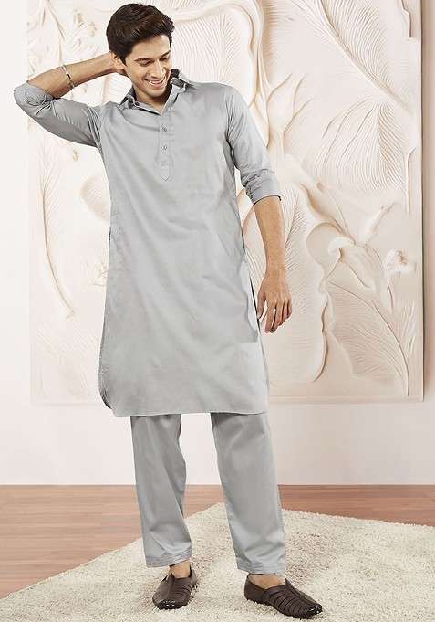 Grey Solid Pathani Kurta Set For Men