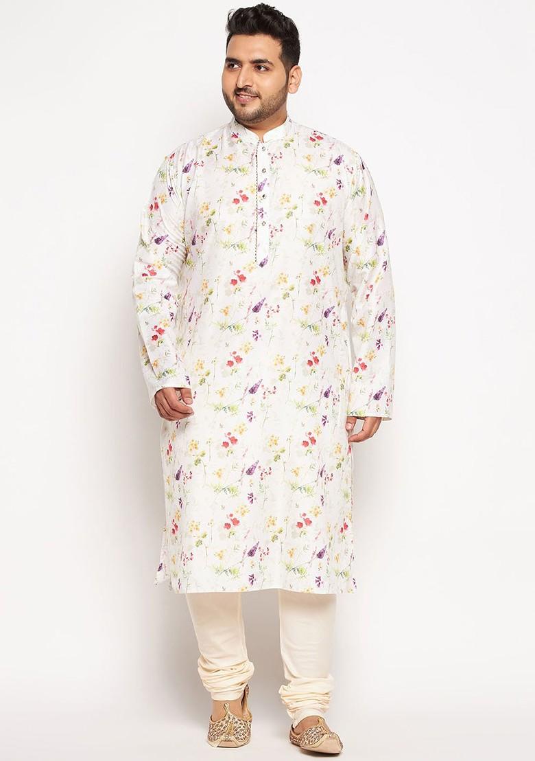 Cream Floral Print Poly Blend Kurta Set For Men