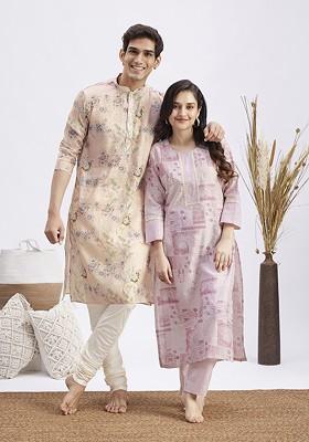 Pink Floral Print Poly Blend Kurta Set For Men