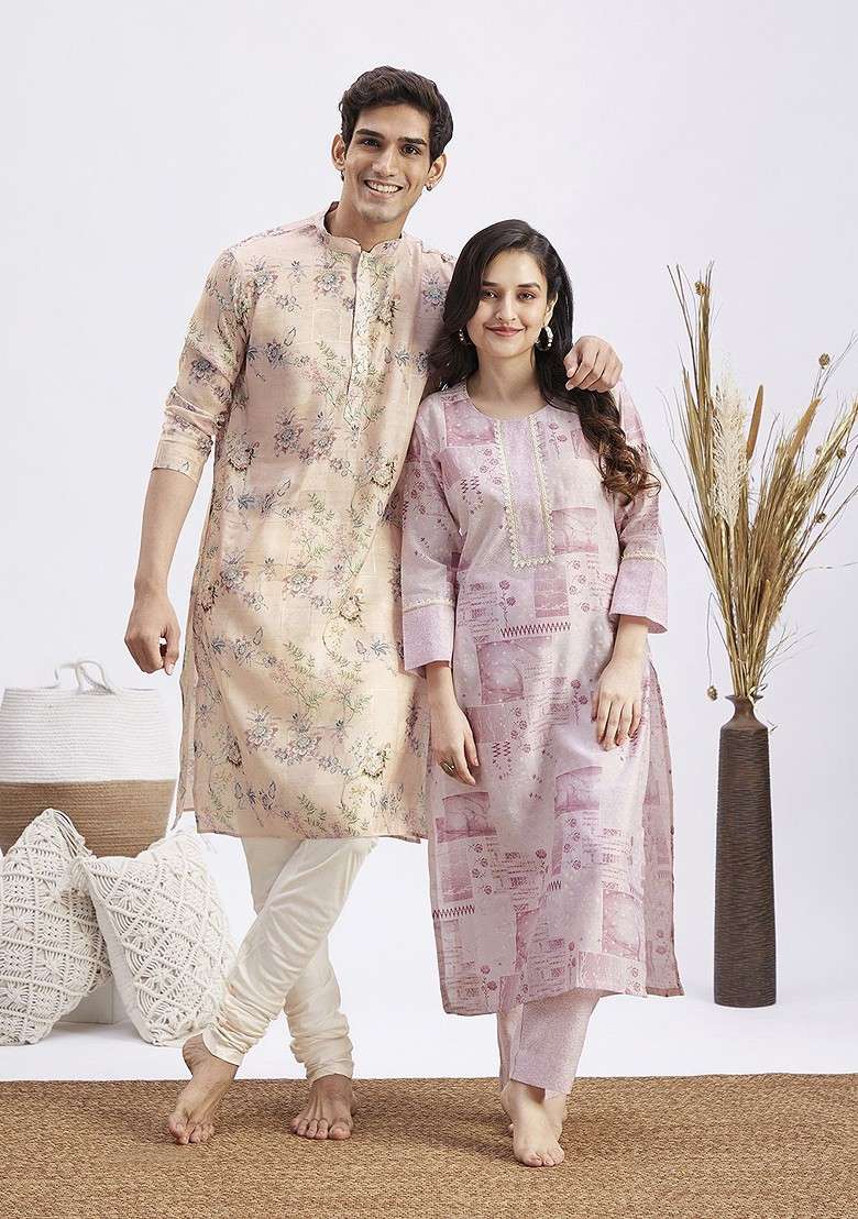 Pink Floral Print Poly Blend Kurta Set For Men - Indya