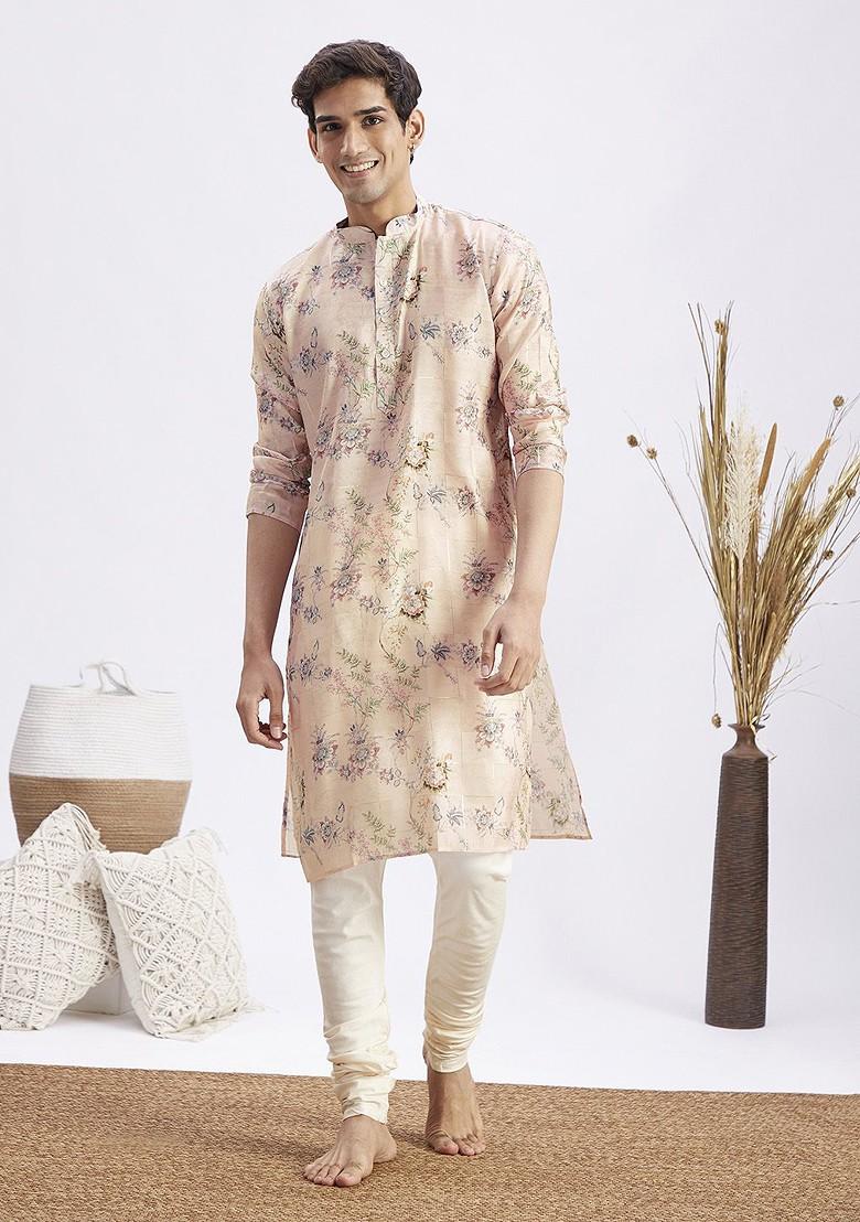Pink Floral Print Poly Blend Kurta Set For Men