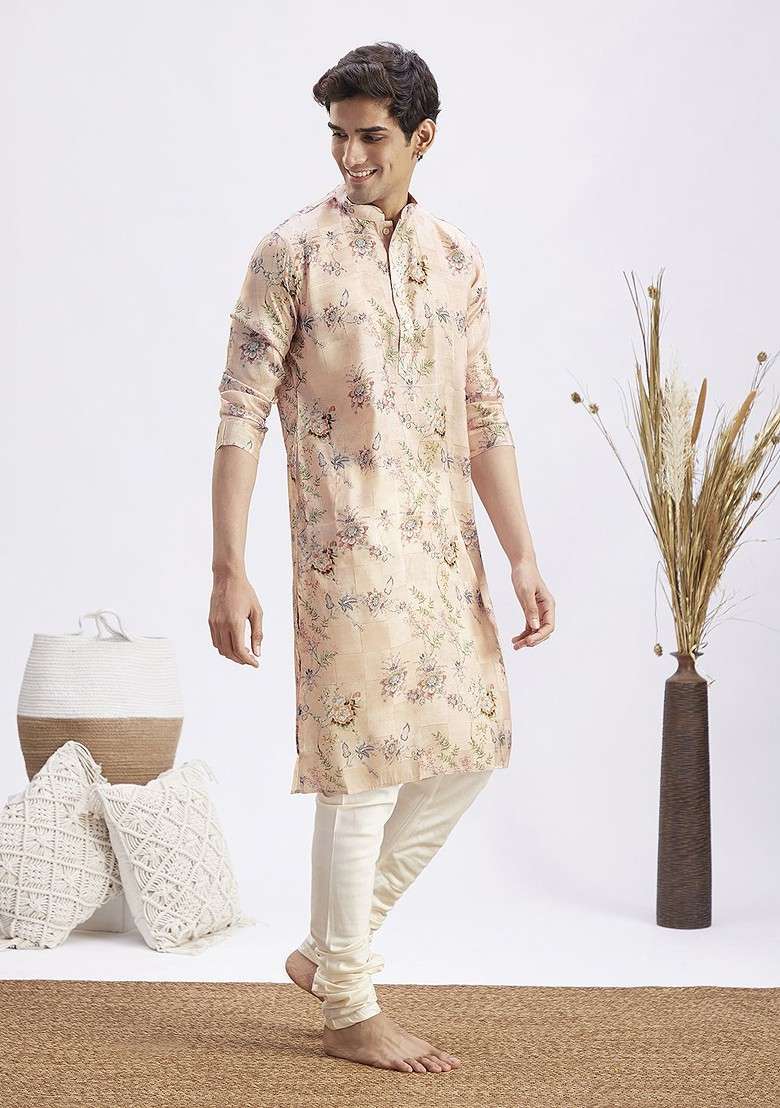 Pink Floral Print Poly Blend Kurta Set For Men - Indya