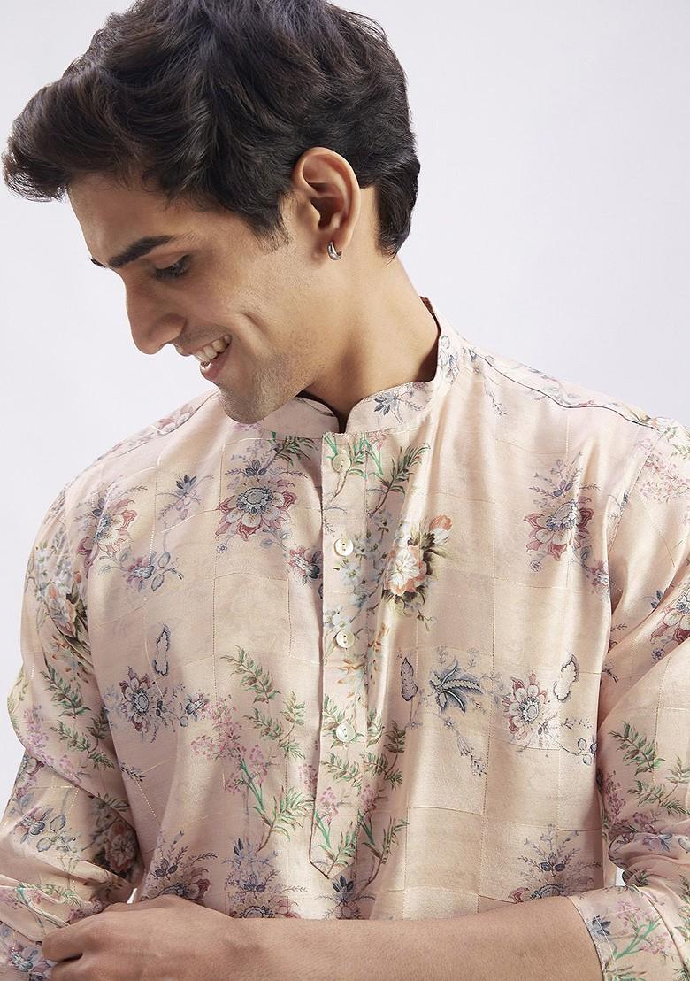 Pink Floral Print Poly Blend Kurta Set For Men