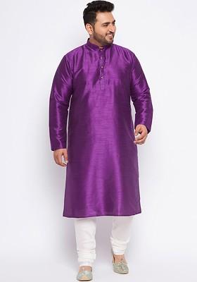 Purple Solid Poly Blend Kurta Set For Men