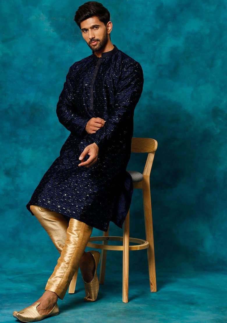 Blue Floral Print Poly Blend Kurta Set For Men - Indya