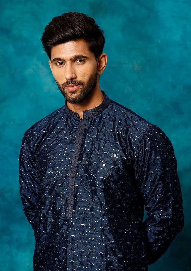 Blue Floral Print Poly Blend Kurta Set For Men - Indya