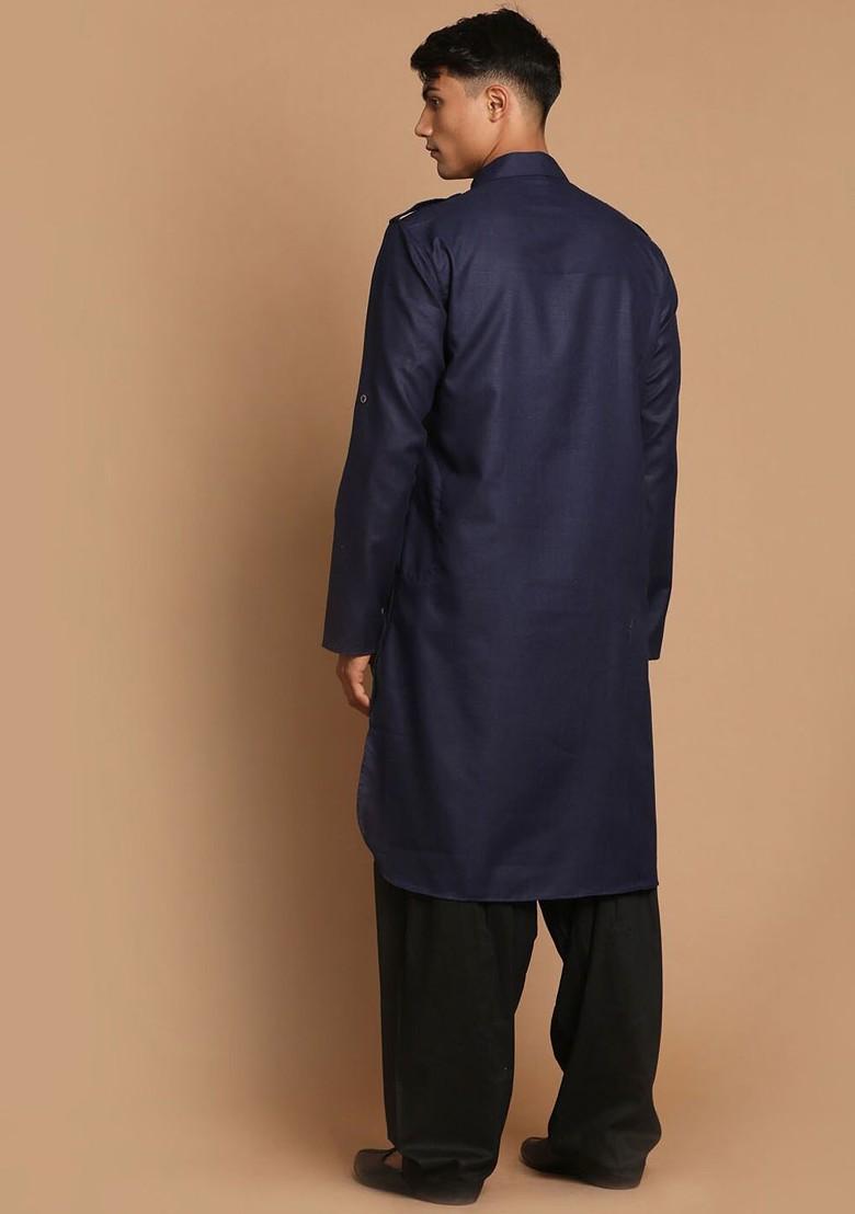 Blue Solid Pathani Kurta Set For Men