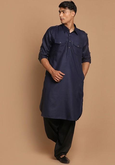 Blue Solid Pathani Kurta Set For Men