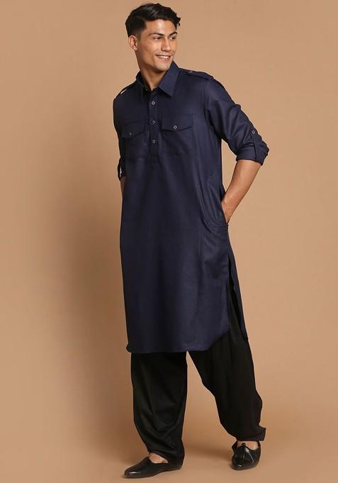 Blue Solid Pathani Kurta Set For Men
