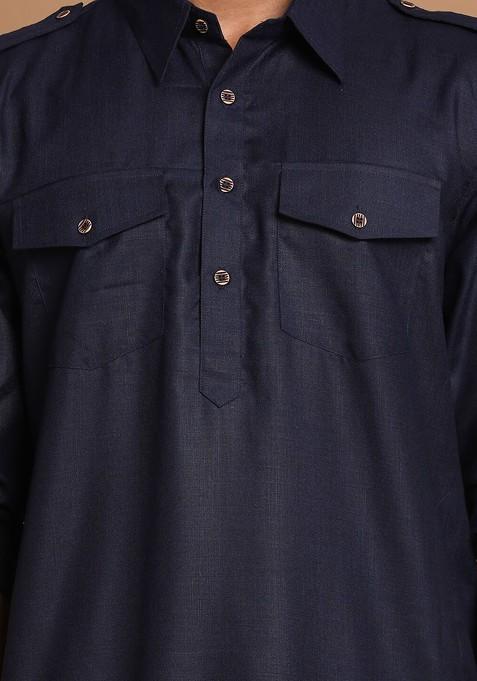Blue Solid Pathani Kurta Set For Men