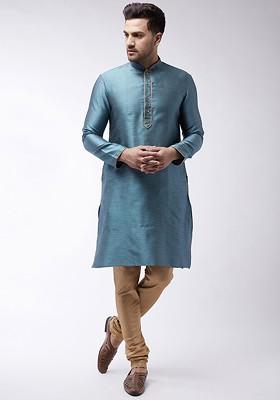 Blue Woven Poly Blend Kurta Set For Men