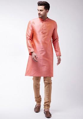 Pink Solid Poly Blend Kurta Set For Men
