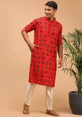 Red Ethnic Motifs Poly Blend Kurta Set For Men