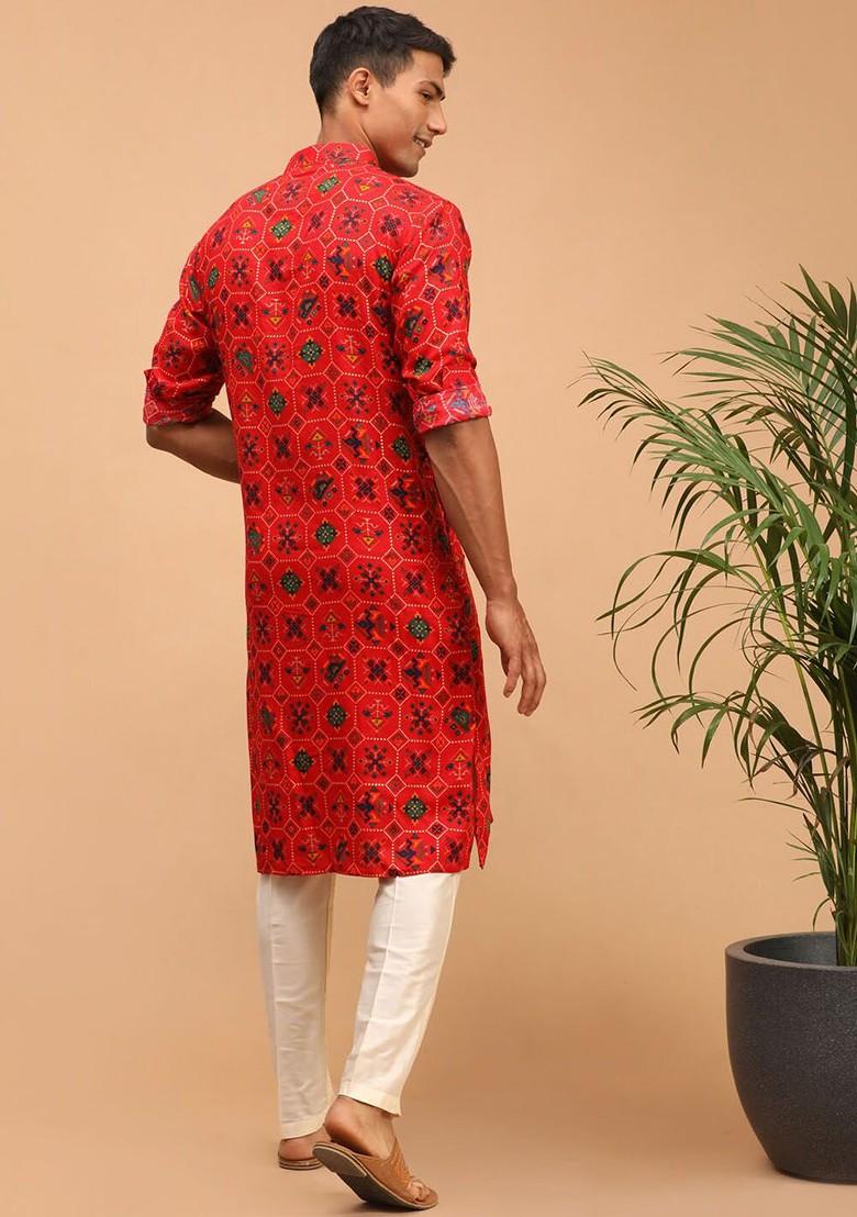 Red Ethnic Motifs Poly Blend Kurta Set For Men
