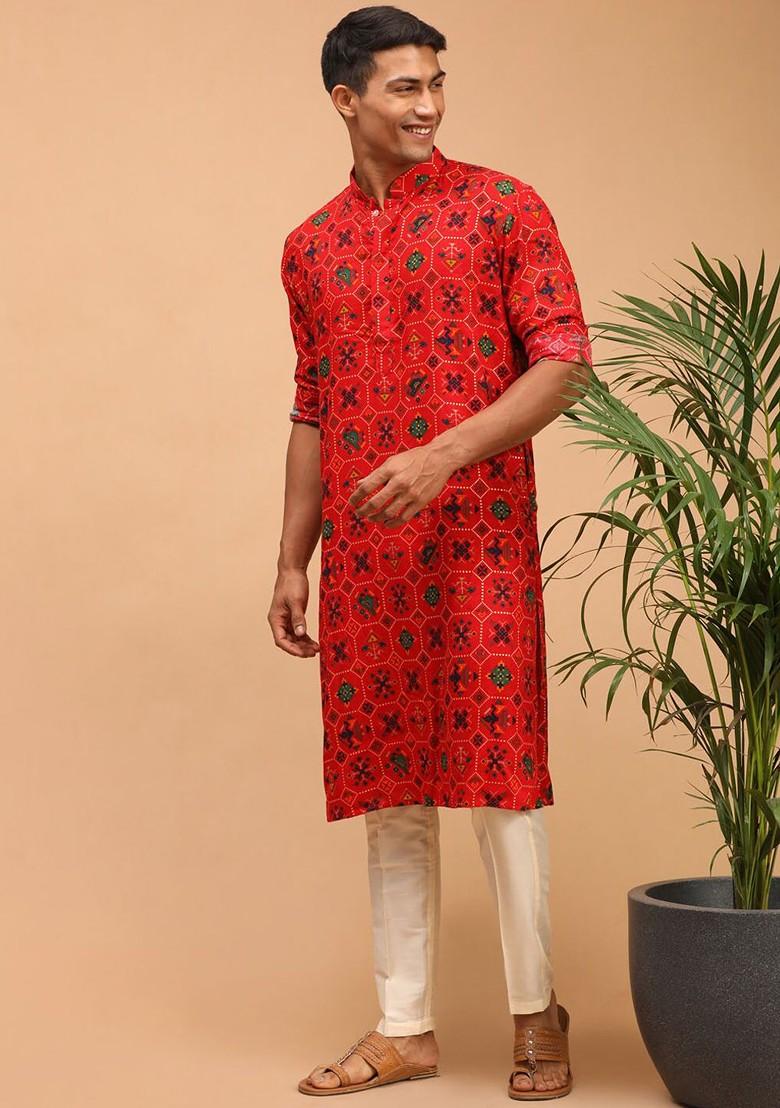 Red Ethnic Motifs Poly Blend Kurta Set For Men