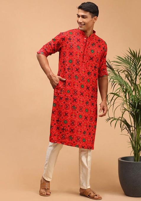 Red Ethnic Motifs Poly Blend Kurta Set For Men