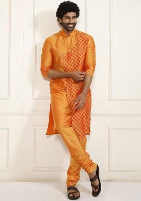 Orange Ethnic Motifs Poly Blend Kurta Set For Men