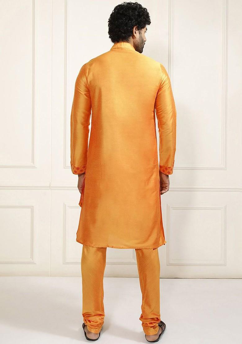 Orange Ethnic Motifs Poly Blend Kurta Set For Men