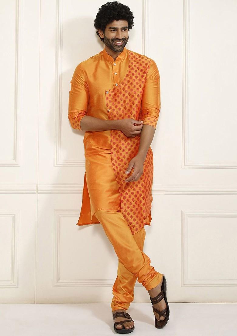 Orange Ethnic Motifs Poly Blend Kurta Set For Men
