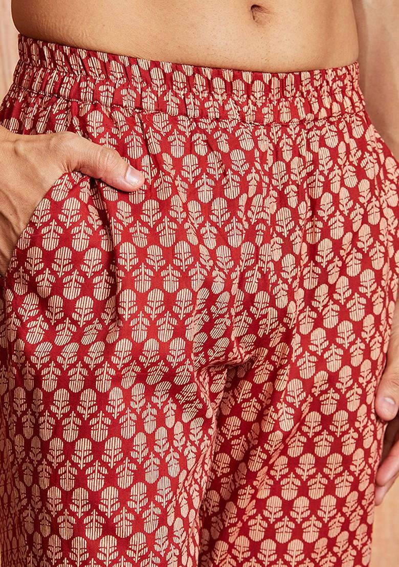 Rust Floral Print Poly Blend Kurta Set For Men