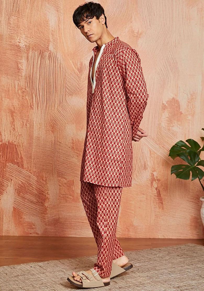 Rust Floral Print Poly Blend Kurta Set For Men