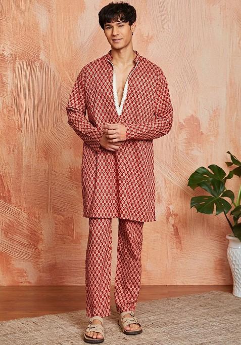 Rust Floral Print Poly Blend Kurta Set For Men