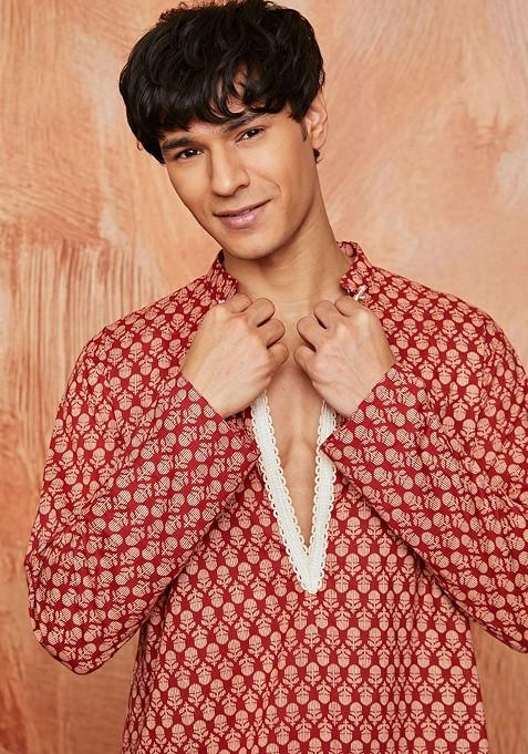Rust Floral Print Poly Blend Kurta Set For Men