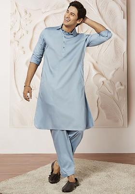 Blue Solid Pathani Kurta Set For Men