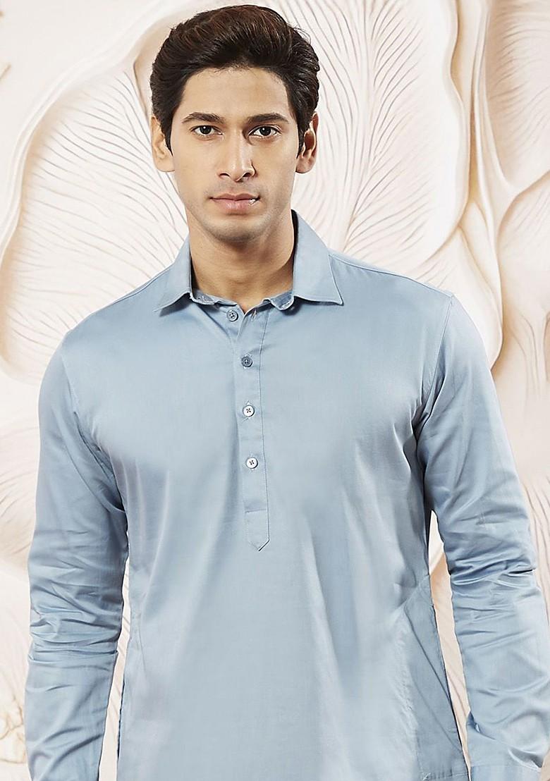 Blue Solid Pathani Kurta Set For Men
