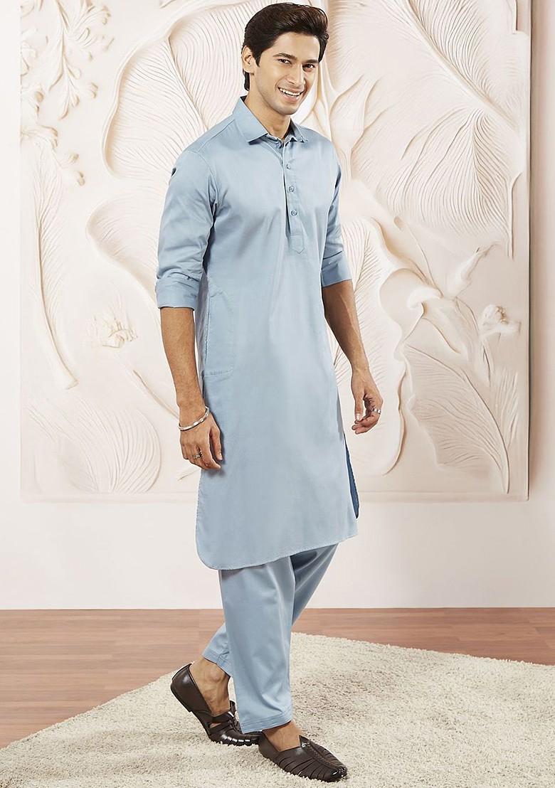 Blue Solid Pathani Kurta Set For Men