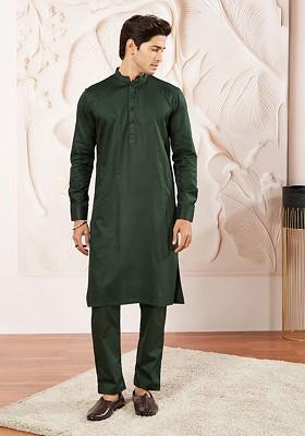 Green Solid Poly Blend Kurta Set For Men