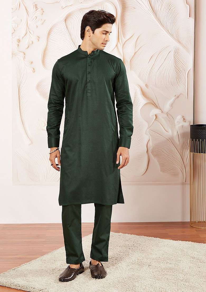 Green Solid Poly Blend Kurta Set For Men - Indya