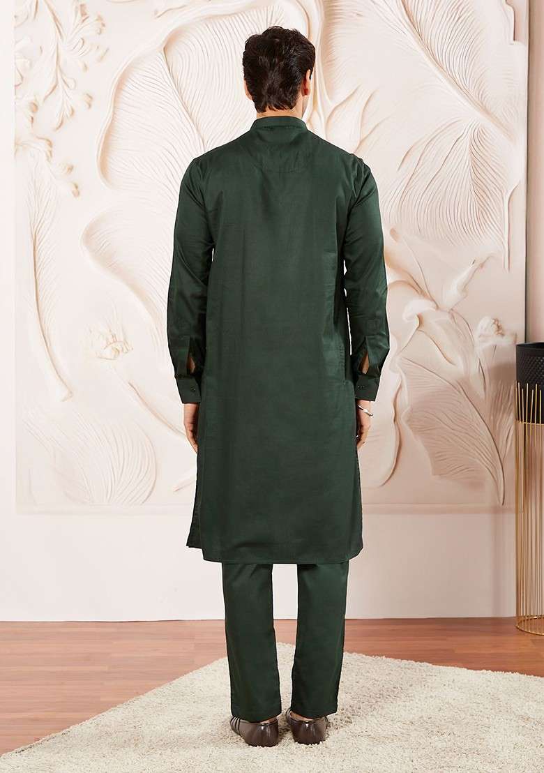 Green Solid Poly Blend Kurta Set For Men - Indya