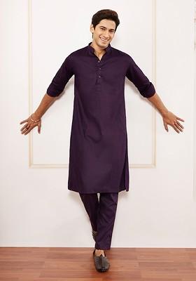 Purple Solid Poly Blend Kurta Set For Men
