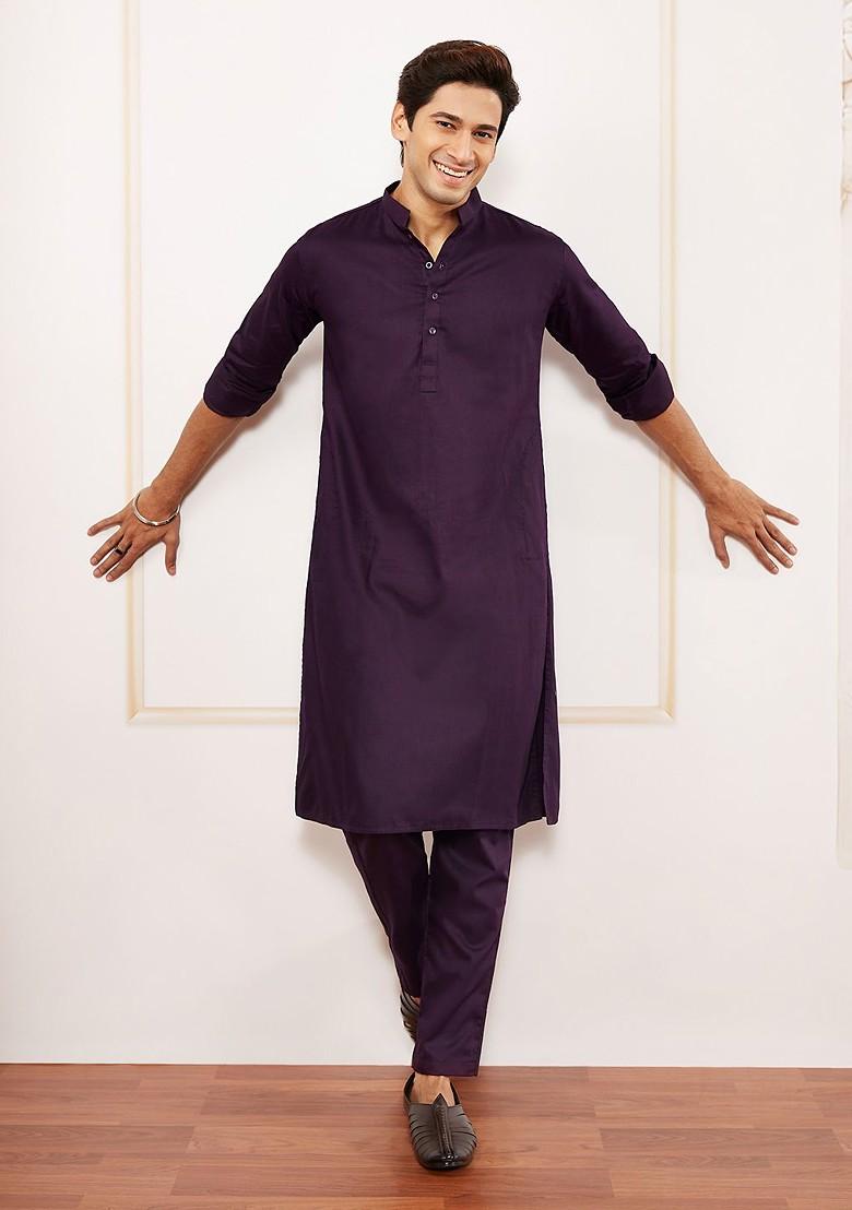 Purple Solid Poly Blend Kurta Set For Men