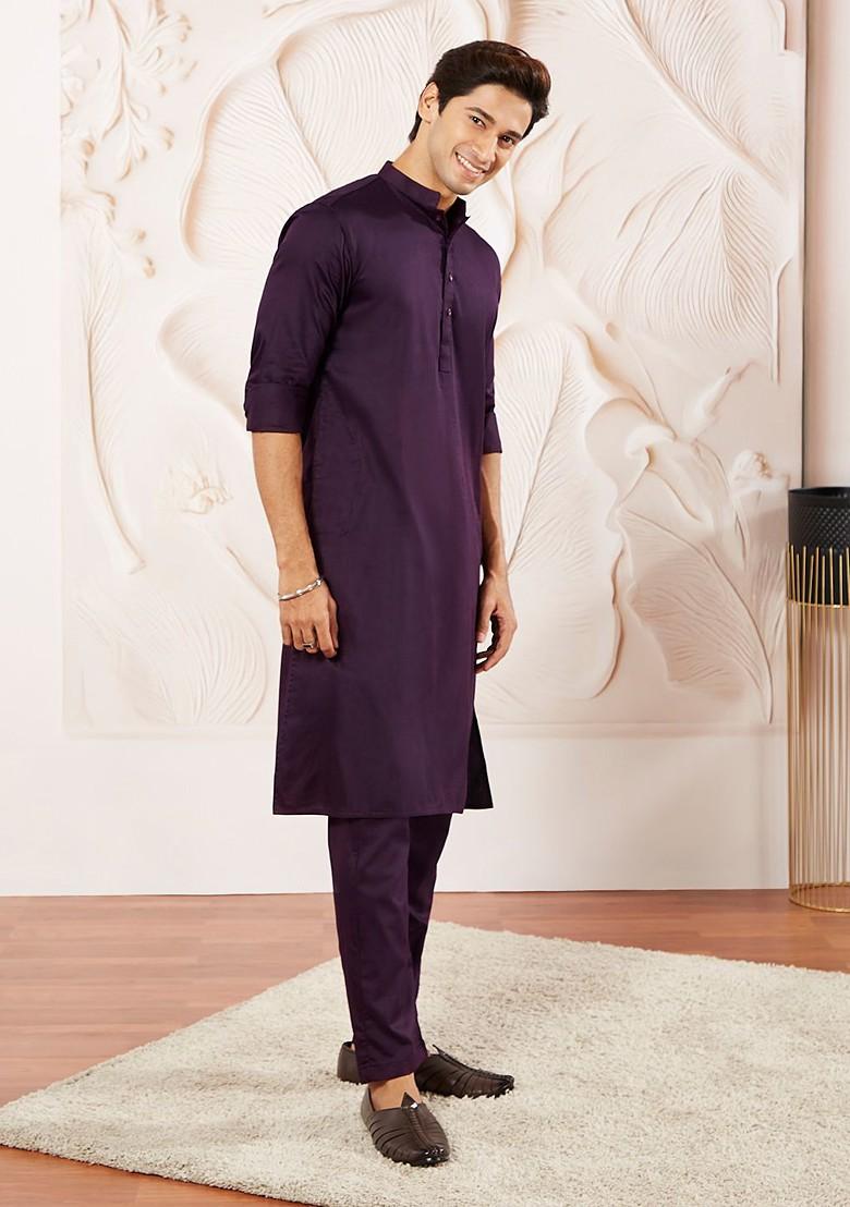 Purple Solid Poly Blend Kurta Set For Men