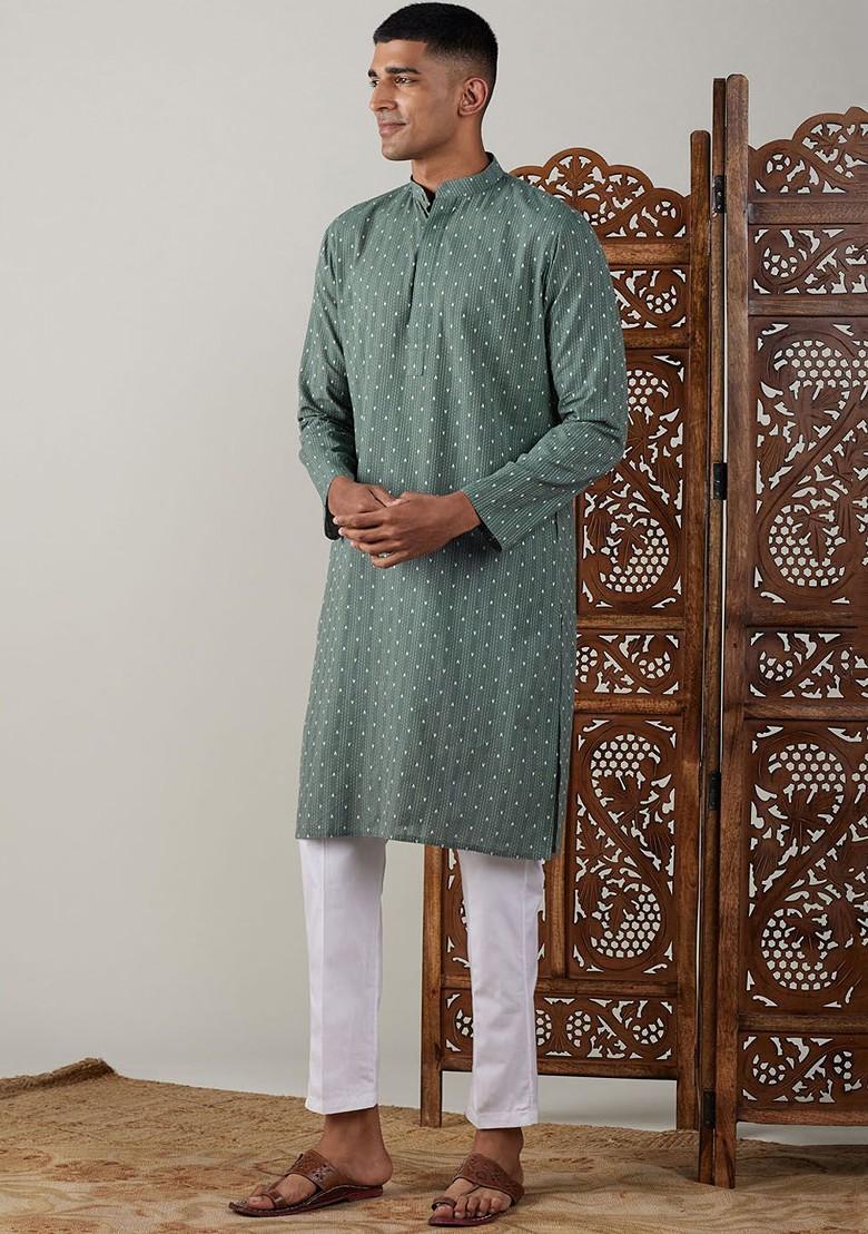 Green Geometric Print Cotton Kurta Set For Men