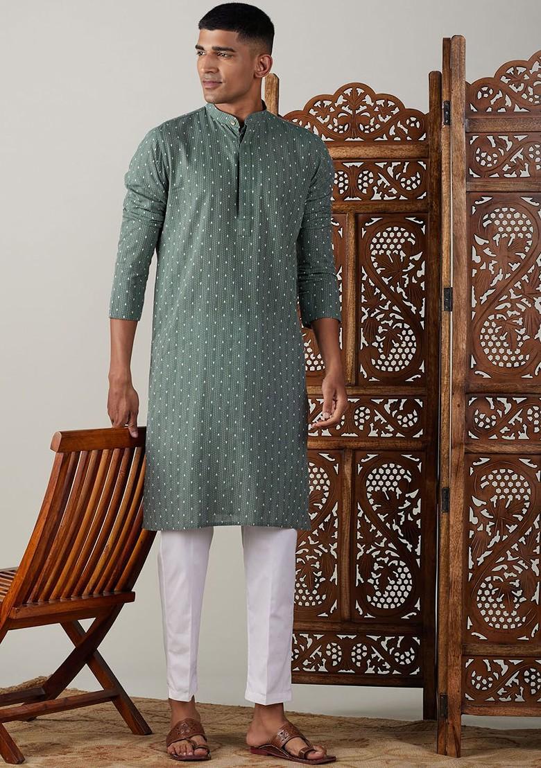 Green Geometric Print Cotton Kurta Set For Men