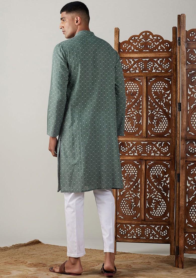 Green Geometric Print Cotton Kurta Set For Men