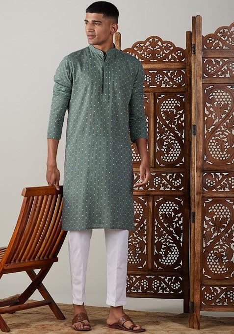 Green Geometric Print Cotton Kurta Set For Men