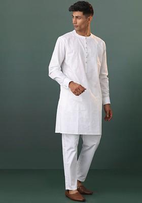 White Floral Print Poly Blend Kurta Set For Men