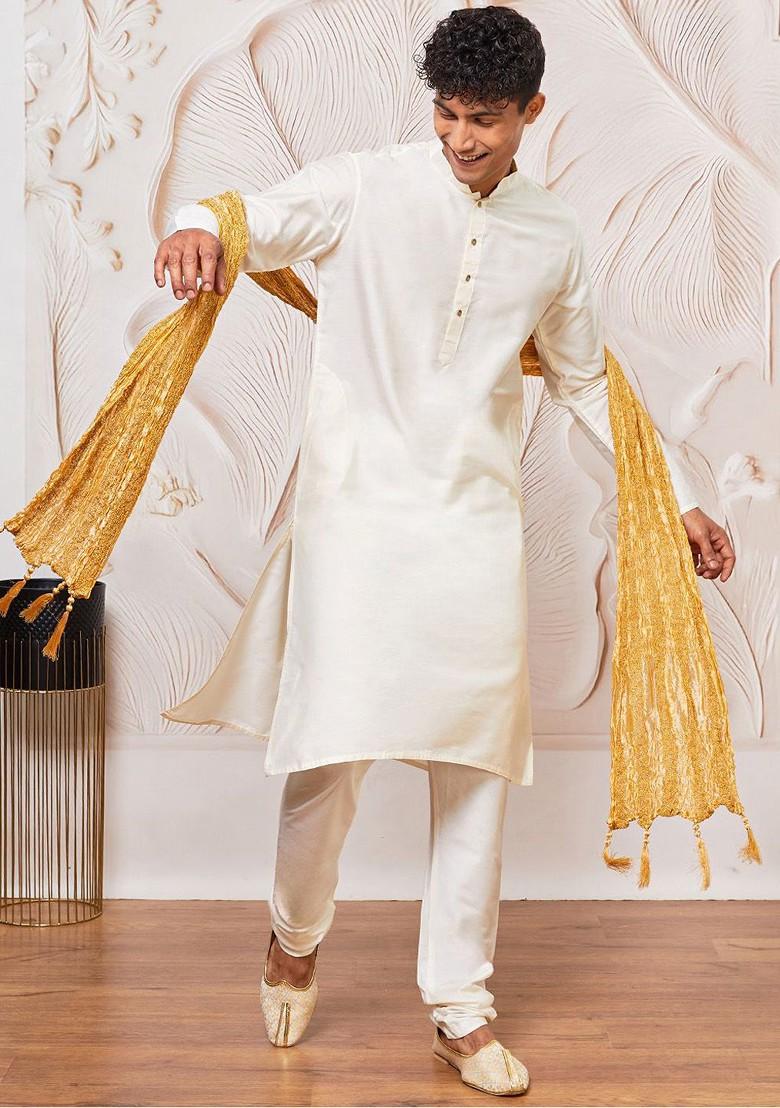 Cream Solid Poly Blend Kurta Set For Men