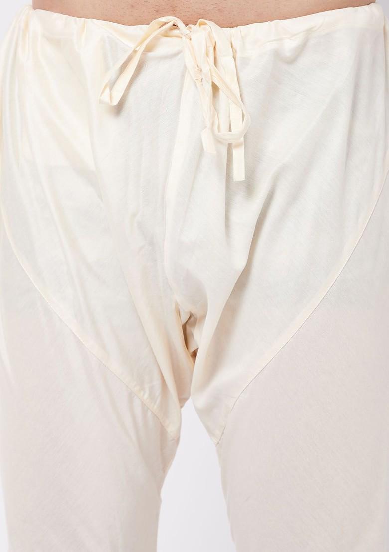 Cream Solid Poly Blend Kurta Set For Men