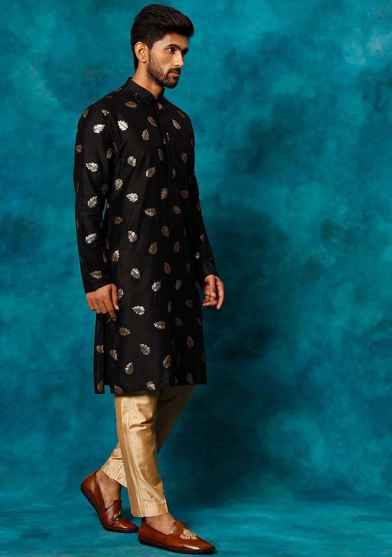Black Ethnic Motifs Poly Blend Kurta Set For Men - Indya