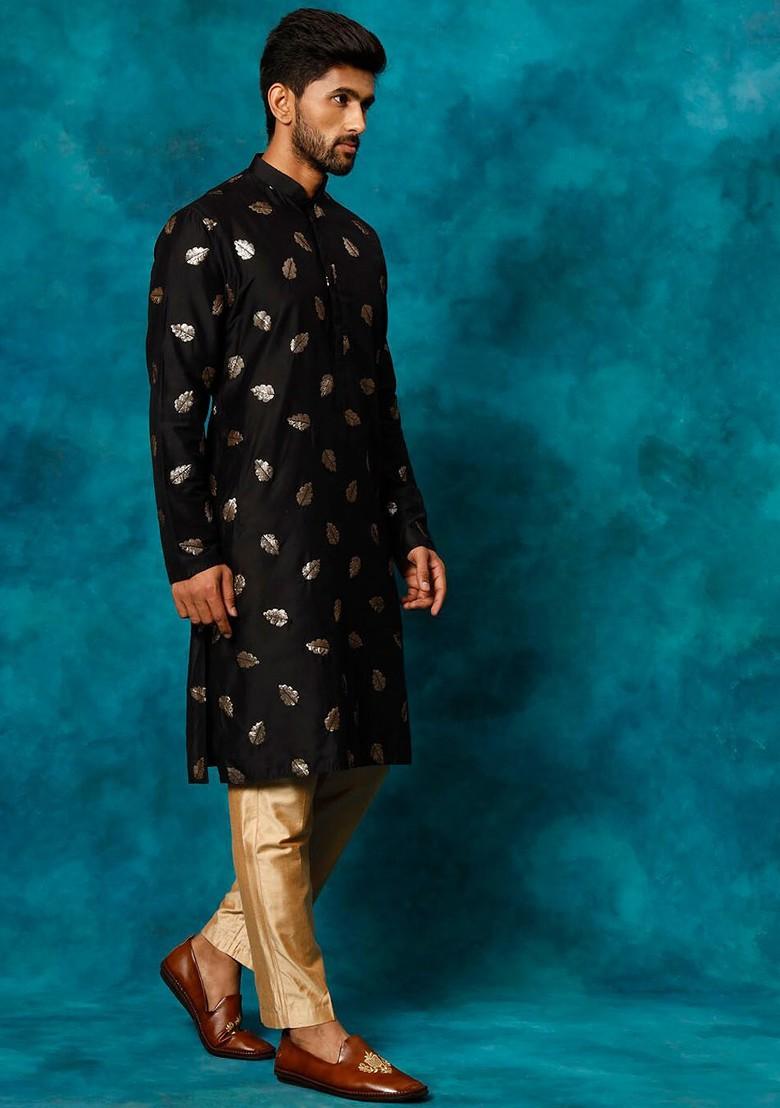 Black Ethnic Motifs Poly Blend Kurta Set For Men