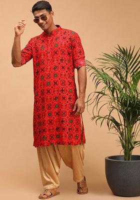 Red Bandhani Print Poly Blend Kurta Set For Men