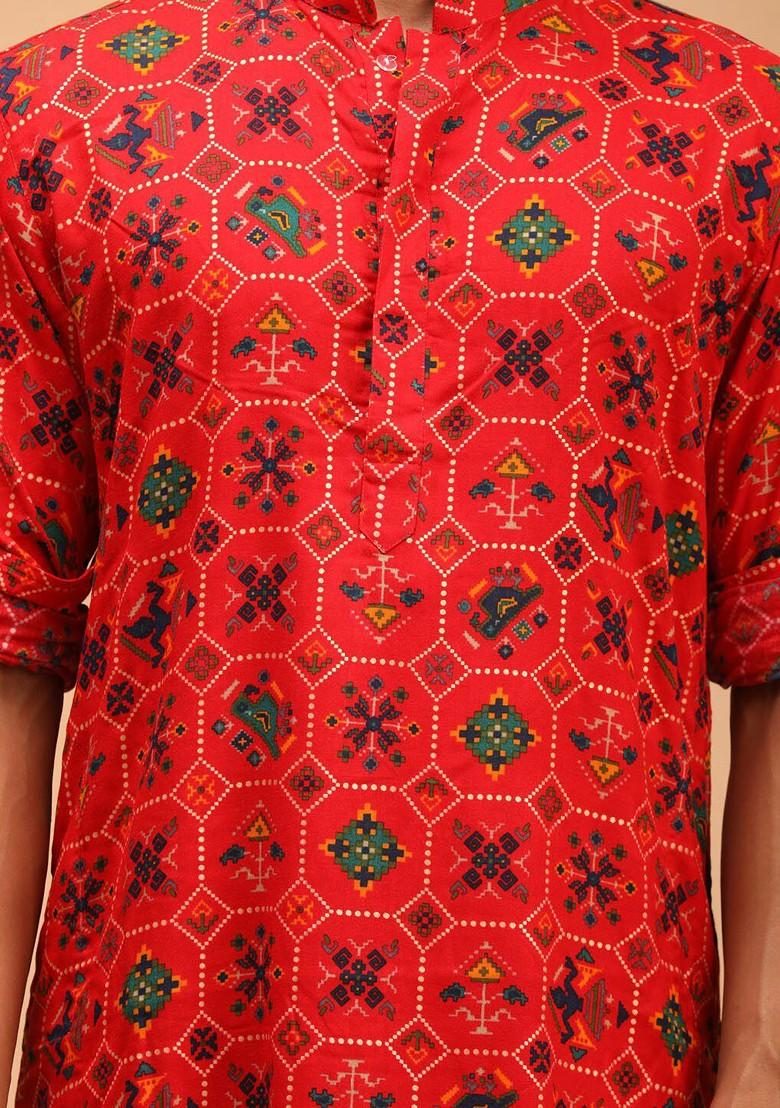 Red Bandhani Print Poly Blend Kurta Set For Men