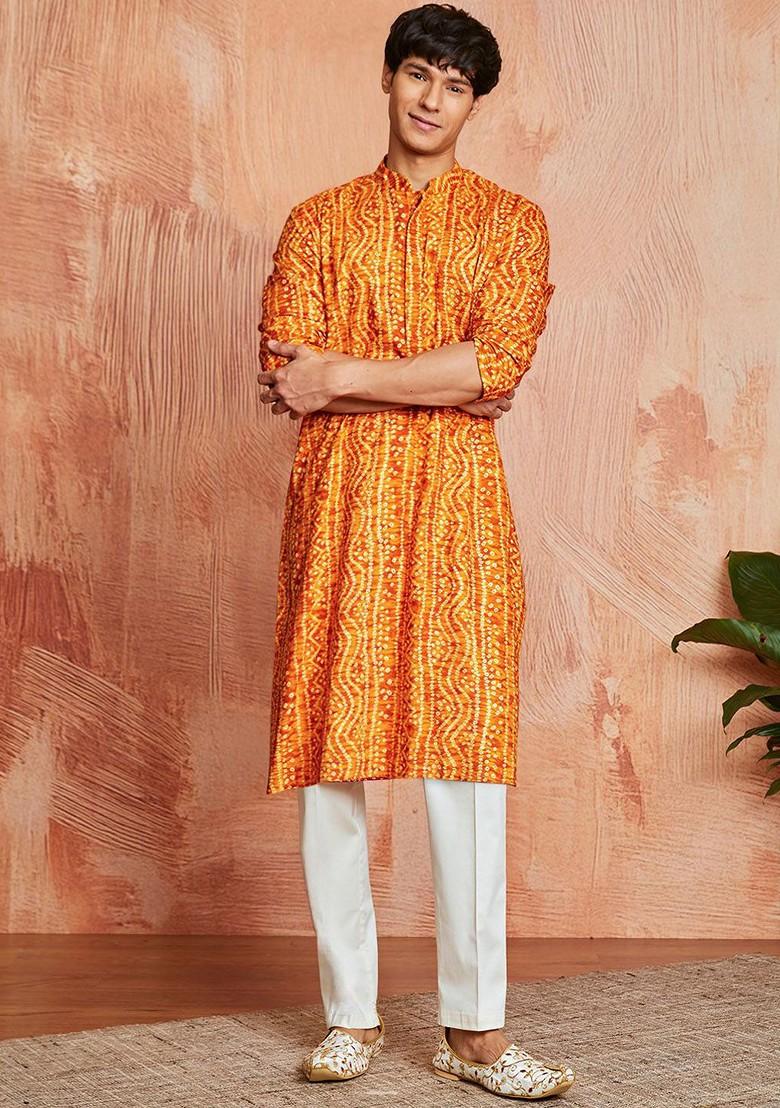 Mustard Bandhani Print Poly Blend Kurta Set For Men